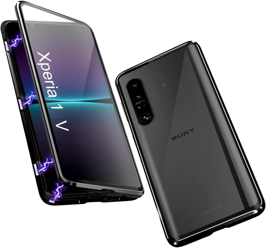 Gruattreay Case Compatible with Sony Xperia 1 V, Magnetic Adsorption 360 Protection Front Back Tempered Glass Aluminum Frame Cover Shockproof Transparent Case (Black)