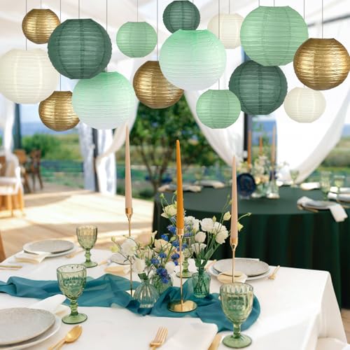 Image of 15-Pack Sage Green Gold Paper Lanterns, Hanging Classroom Decor | 6,8,10 Inch Hanging Lanterns for Weddings, Bridal Showers, Graduations, Anniversaries & Baby Showers