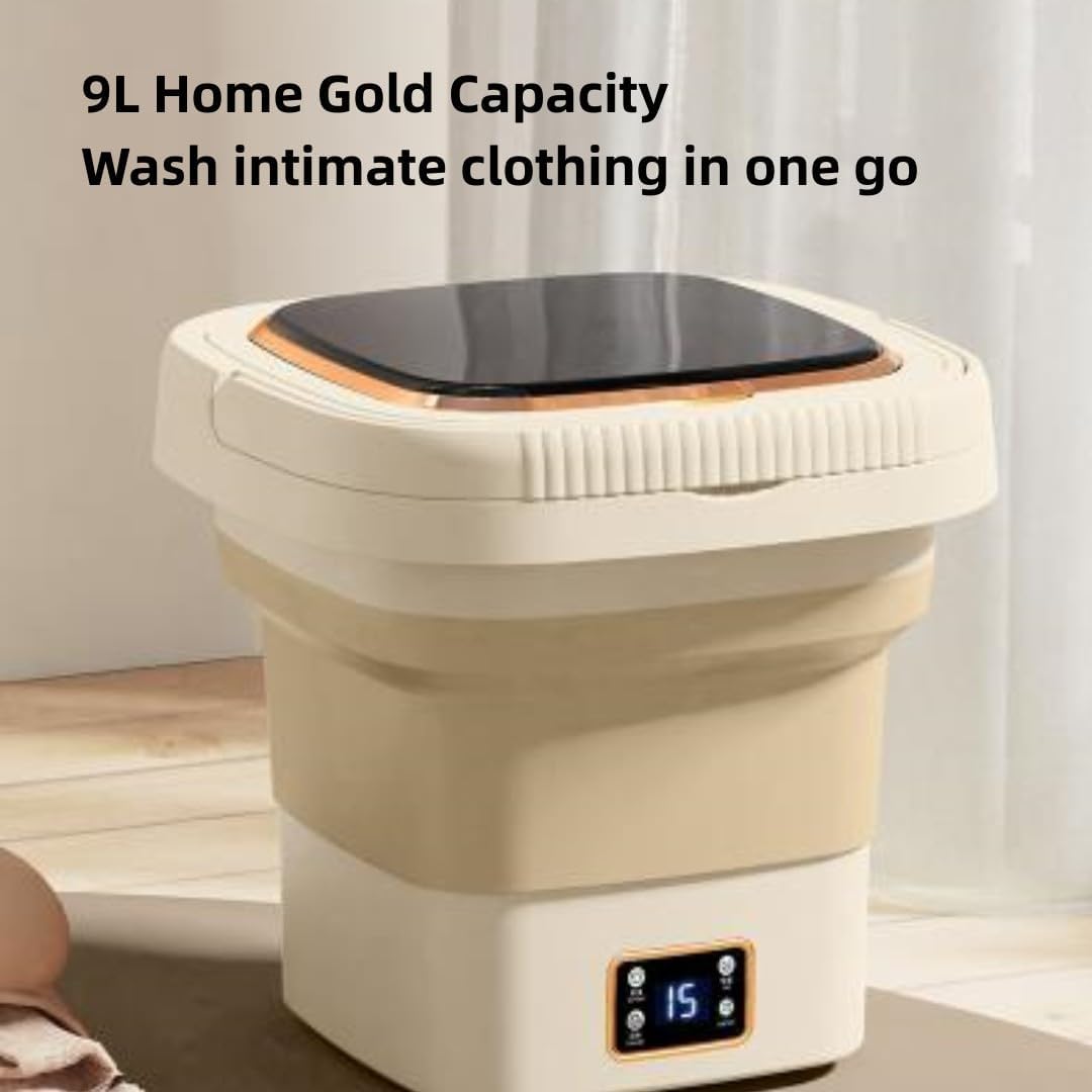 Portable Mini Folding Washing Machine, 9L Compact Automatic Washer for Dorm, Apartment, Camping & RV – Ideal for Underwear & Small Items, Space-Saving Design (Cream)