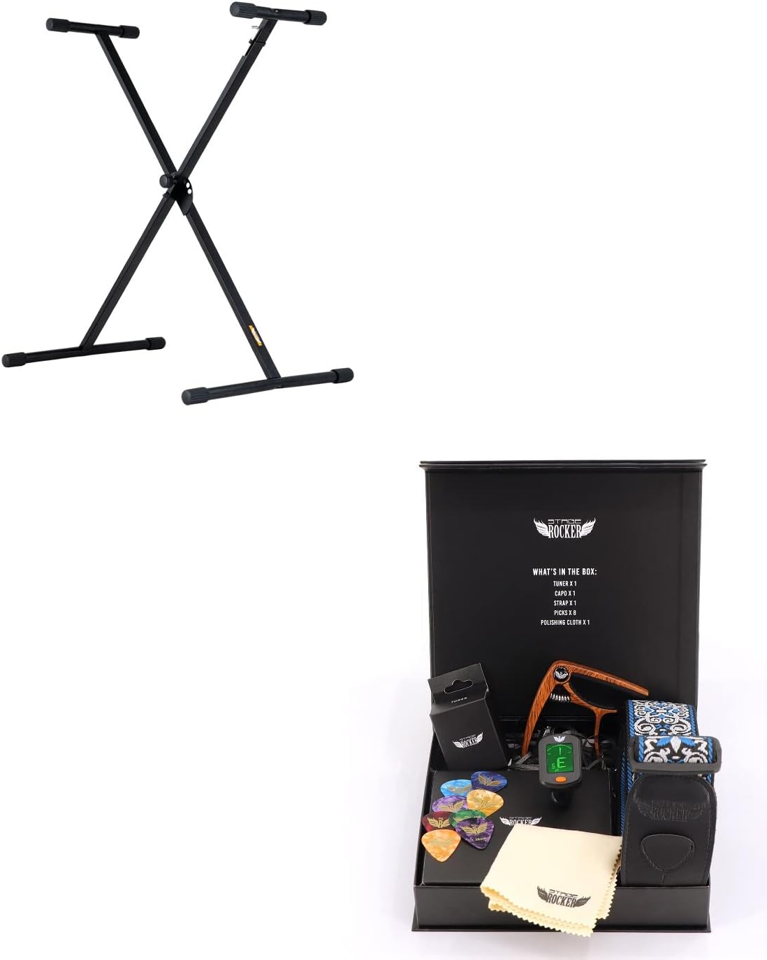 Stage Rocker Single-X Keyboard Stand + Guitar Accessories Gift Box (Jacquard Weave Guitar Strap)