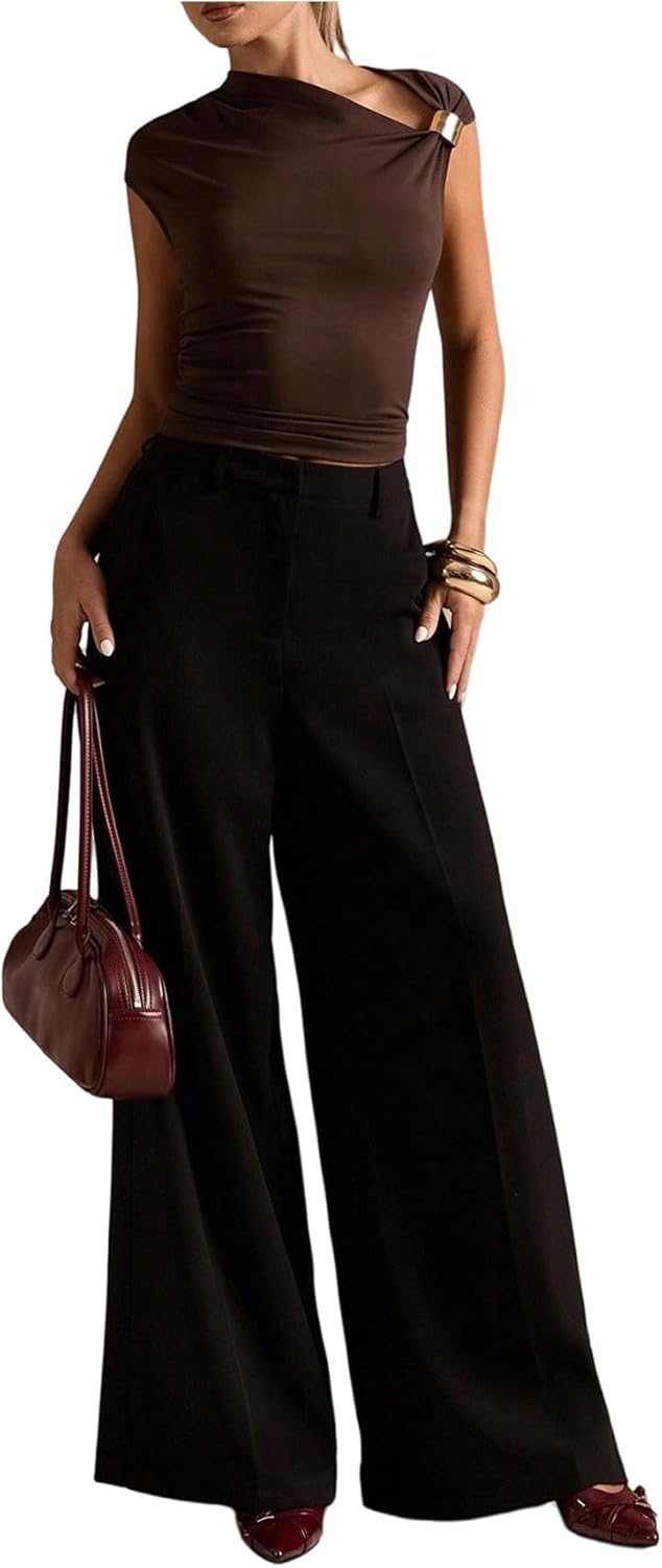 SweatyRocks Women's Asymmetrical Neck Ruched Metal T Shirt Slim Fitted Going Out Summer Tops - Image 3