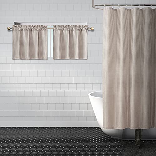 Home Queen 3 Pc Waffle Textured Bathroom Curtain Set, 1 Pc Heavy Duty Waffle Shower Curtain (72 X 72 Inch) + 2 Pc Water Repellent Tier Curtains(36 X 24 Inch), Taupe #TOP17