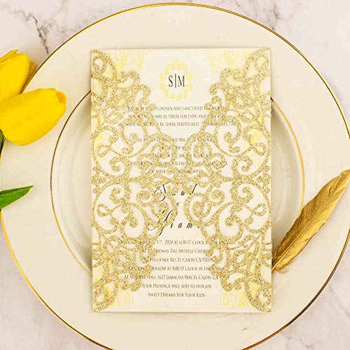 50Sets 5x7 inch 250gsm Light Gold Glitter Wedding Invitations Cards with Envelopes Laser Cut Greeting invites 4 Birthday Bridal Show by Lucky Star - Image 5