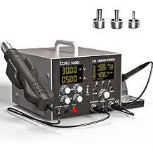 BA-9305L 2 in 1 Digital Rework Station With Hot Air Station and Soldering Station, 110V Hot Air Rework Station with 3 Air Nozzles, Adjustable Temperature Desoldering Gun BGA Rework Station