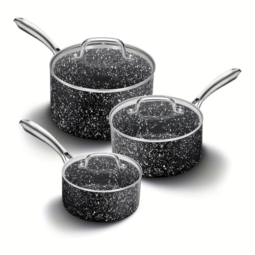 Juego de 3 cacerolas antiadherentes premium con tapas de vidrio, revestimiento de granito natural duradero, antiadherente, duraderas y aptas para horno hasta 232 °C.