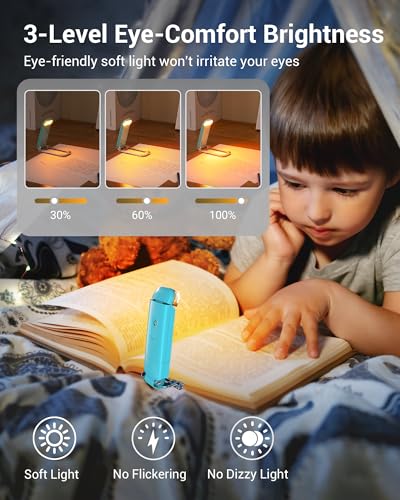 Image of DEWENWILS USB Rechargeable Book Light, Amber Glow, Blue Light Blocking, Brightness Adjustable for Eye-Care, LED Clip on Book Reading Lights, Portable Bookmark Light for Kids (Blue)