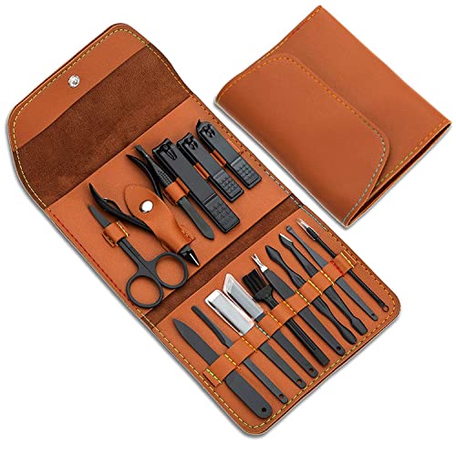 Jwxno 16 Pieces Manicure Set, Pedicure Kit, Nail Clippers, Stainless Steel Professional Personal Care Tool Kit, Nail Tools with Brown Leather Case, Gifts for Men