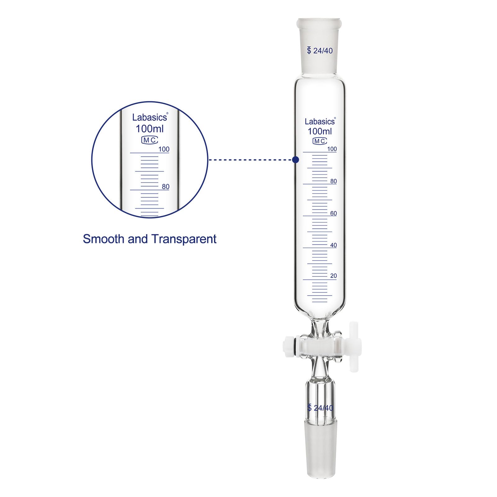 Labasics Embudo de adición, Embudo de Goteo Graduado de Vidrio Borosilicato con Junta Estándar 24/40 y Llave de PTFE para Laboratorio, 100 ml