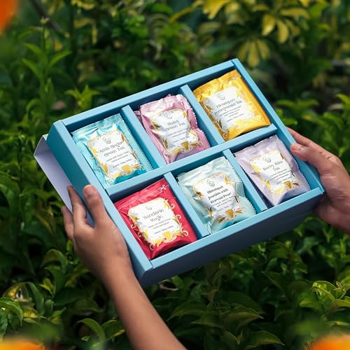 The Vedas Garten der Früchte Tee Geschenkset, Tee Box, Ideal für jeden Anlass, Geschenkidee | 24 handgenähte Baumwoll-Teebeutel | 6 verschiedene indische fruchtige Kräutertee-Mischungen