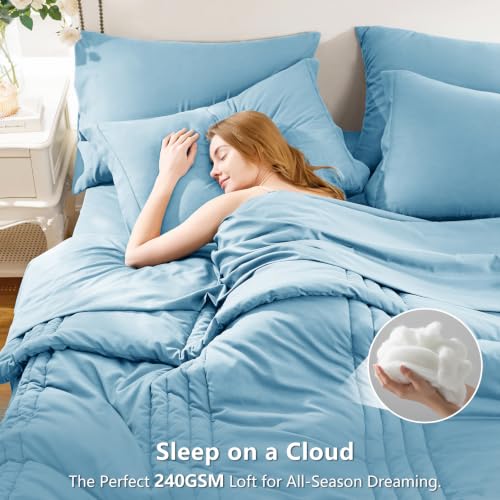 Image of CozyLux Full Size Comforter Sets Aqua Blue - 7 Pieces Bed in a Bag, Modern Vertical Quilted Room Decor, Soft All-Season Bedding Gift with Comforter, Sheets, Pillowcases & Shams