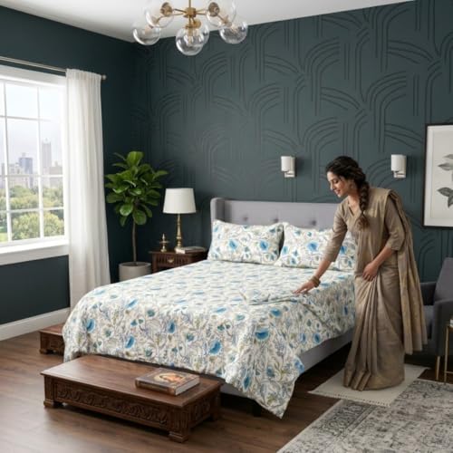 Image of SAJAVAT HOME Pure Cotton King Size Bedsheet with 2 Pillow Covers | Beige Floral Anokhi Print Double Bed Sheet | Soft, Breathable & Comfortable Bedding Set | 96 x 104 Inches | Pack of 1