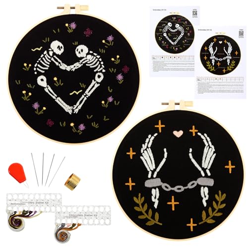 Image of Halloween Embroidery Kits for Beginners Adults, Skeleton Stamped Cross Stitch Kit for Adult Beginners, Gothic Hand Embroidery Starter Kits, 2 Set Embroidery Supplies, 2 Hoops (Attached Video Tutorial)