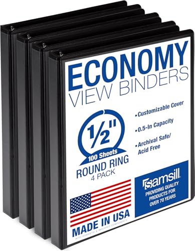 Samsill 0.5 Inch 3 Ring Binders Economy Round Ring Clear View Cover 100 Sheet Capacity - for School Home Office - Black 4 Pack