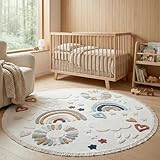 RUGURA Alfombra Infantil Redonda Habitación Niña Niño Dormitorio Arcoiris Nubes Estrellas Animales 160cm Crema Azul Turquesa Teja