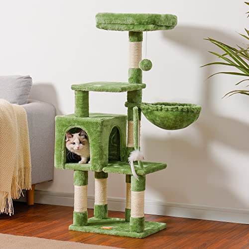 Image of Heybly Cat Tree with Toy, 43.3 inch Cat Tower for Indoor Cats HCT004SGR | Cat Condo with Durable Sisal Scratching Posts, Cat House with Padded Plush Perch, Cozy Hammock, Green