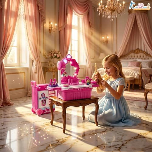 Image of Barbie Trolley Dressing Set for Girls - 18 Pcs Portable Beauty Kit with Lights, Music & Realistic Makeup Accessories - Pretend Play Vanity Set |Birthday Gift for Kids Age 3+ (Pink)