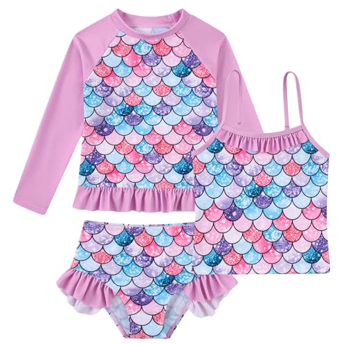 Image of BFUSTYLE Girls Swimsuit 3 Pieces Rash Guard Kids Long Sleeves Bathing Suit 3-8 Years Sun Proction Swimwear Tankini