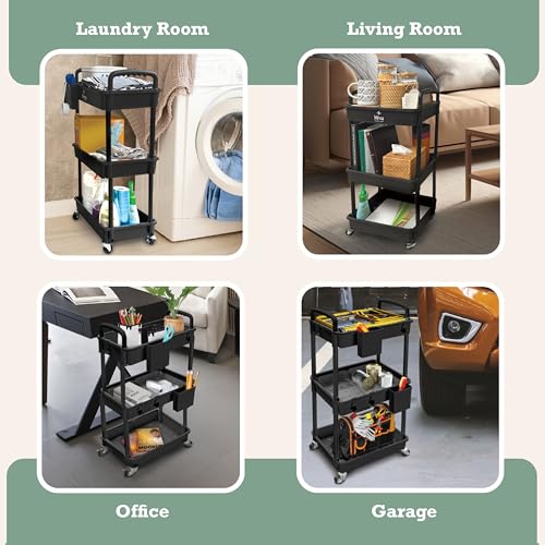 Inspired Living 3-Tier Plastic Rolling Utility Cart with Handle, Lockable Caster Wheels 2 Bins 3 Hanging Baskets & 4 Hooks, Multi-Functional Storage Trolley, for Kitchen, Living Room, Bathroom, Black - Thumbnail 7