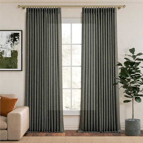 Pinch Pleated Linen Curtains Extra Long 132 Inches Green Drapes for 11 FT High Ceiling to Floor Light Filtering Semi-Blackout Tall Memory Trained Shaped Curtain for Living Room Farmhouse 2 Panels
