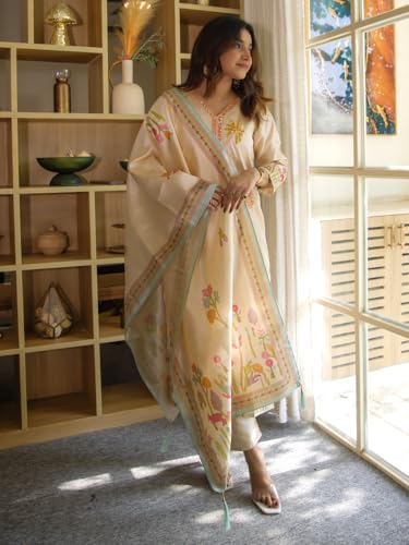 Image of VredeVogel Women's Viscose Silk Blend Straight Kurta Pant Set with Printed Dupatta for Festive & Casual Ethnic Kurta Sets