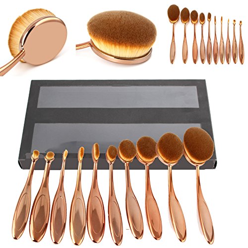 New Professional Soft Oval Toothbrush Makeup Brush Sets (Rose Gold-10PCS Brush Simply Box Set)