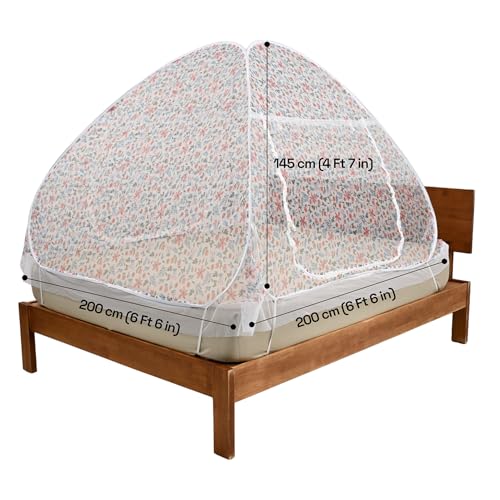 Image of Wakefit Floral Print Mosquito Net for Double Bed | King Size Foldable Machardani | Lightweight & Breathable | Polyester 30GSM Strong Net | PVC Coated Corrosion Resistant Steel Wire - Floral