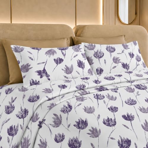 Image of Jaipur Weaves Cotton Linen Feel King Size Bedsheet 108x108 Super King, 100% Pure Cotton Bed Sheet with 2 Pillow Covers, 300 TC Soft Breathable Floral Design Bedding -(Tulips Purple,Super King)