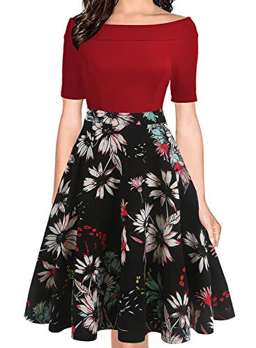 oxiuly Women's Vintage Off Shoulder Pockets Casual Floral A-Line Party Cocktail Swing Dress OX232 (L, Wine-BLWF)