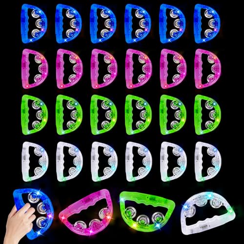 Musfunny LED Light Up Musical Tambourines: Handheld Music Flashing Tambourine Glow In The Dark Party Supplies - Led Tambourines Percussion Instrument for Adult Bar (White Red Blue Green 24 PCS)