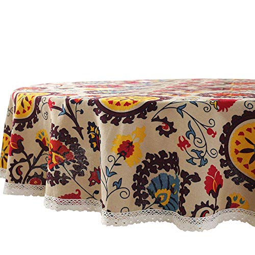 Lahome Bohemian Sunflower Tablecloth - Cotton Linen Table Cover Kitchen Dining Room Restaurant Party Decoration (Round - 60, Sunflower)