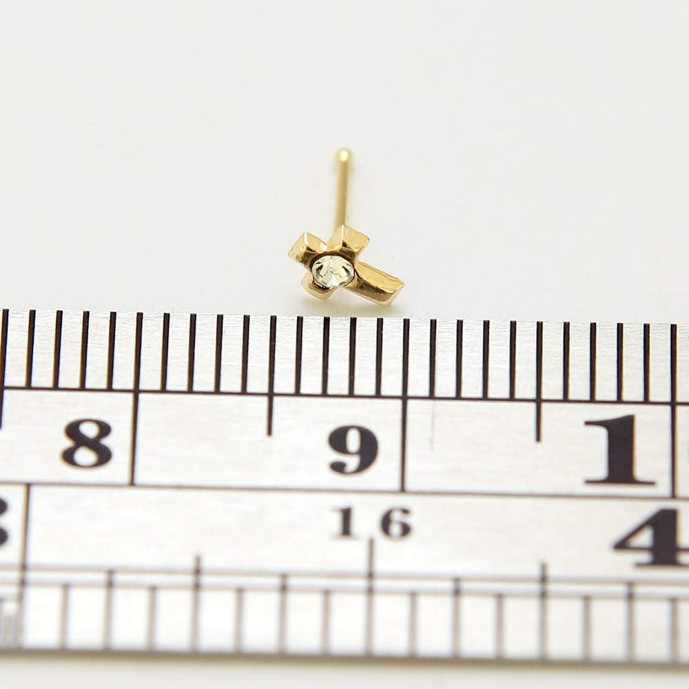 9K Solid Yellow Gold Crucifix with Crystal Stone Top 22 Gauge Ball End Nose Pin - Nose Bone Stud - Tiny Nose Ring - Gold Nose Piercing Body Jewelry