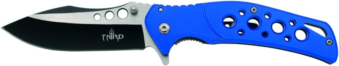 THIRD Assisted Folding Knife K1911BL, Blue Aluminium Handle with Holes, Satin 9.5 cm Stainless Steel Blade with Horizontal Pattern and Black Cut. with Clip, with Sheath
