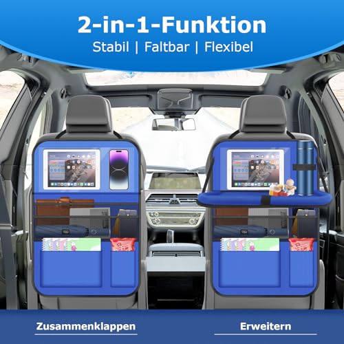 Image of Car Organiser, Pack of 2 Car Seat Organiser, Large Backrest Protection, Car, Children, Multifunctional, Waterproof, Back Seat Organiser with Folding Table, Tablet Bag and Many Pockets, Blue