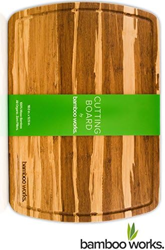Professional Bamboo Wood Cutting Board and Cheese Board – Tiger Stripe – Organic and Antimicrobial – Extra Large 18 by 12.5 Inch Wood Serving Tray with Drip Groove by Bamboo Works