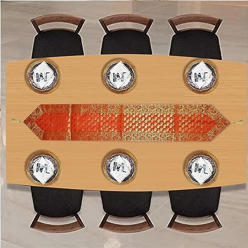Image of Traditional Brocade Silk Table Runner for Living Room 4 to 6 Seater Dining Table Runner Elephant End Tassels 14x80 Inches (Orange)