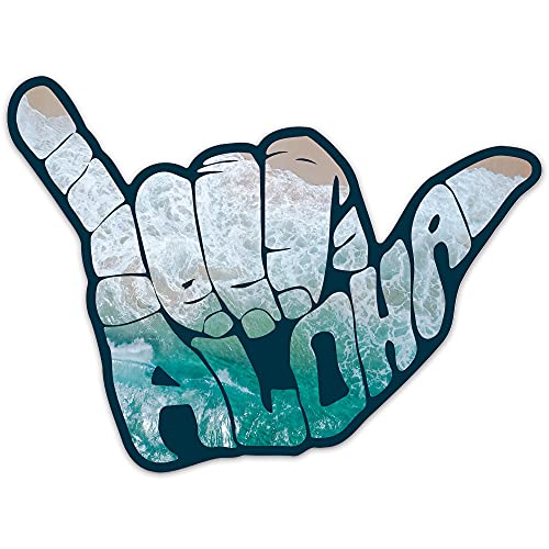 Hang Loose Aloha Beach Decal â€“ Shaka Hawaii Sticker - 5" x 3.8" - Vinyl Waterproof Bumper Sticker â€“ Hang Ten with this longboard sticker for your Vehicle (Truck, Car, Jeep, Boat), Surfboard, Window, Wall, Laptop