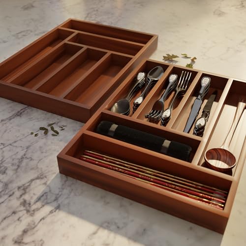 Image of Premium 6-Partition Cutlery Tray | 30x40 cm Brown Drawer Organizer | Multipurpose Flatware Holder for Spoons, Forks, Knives & Kitchen Utensils