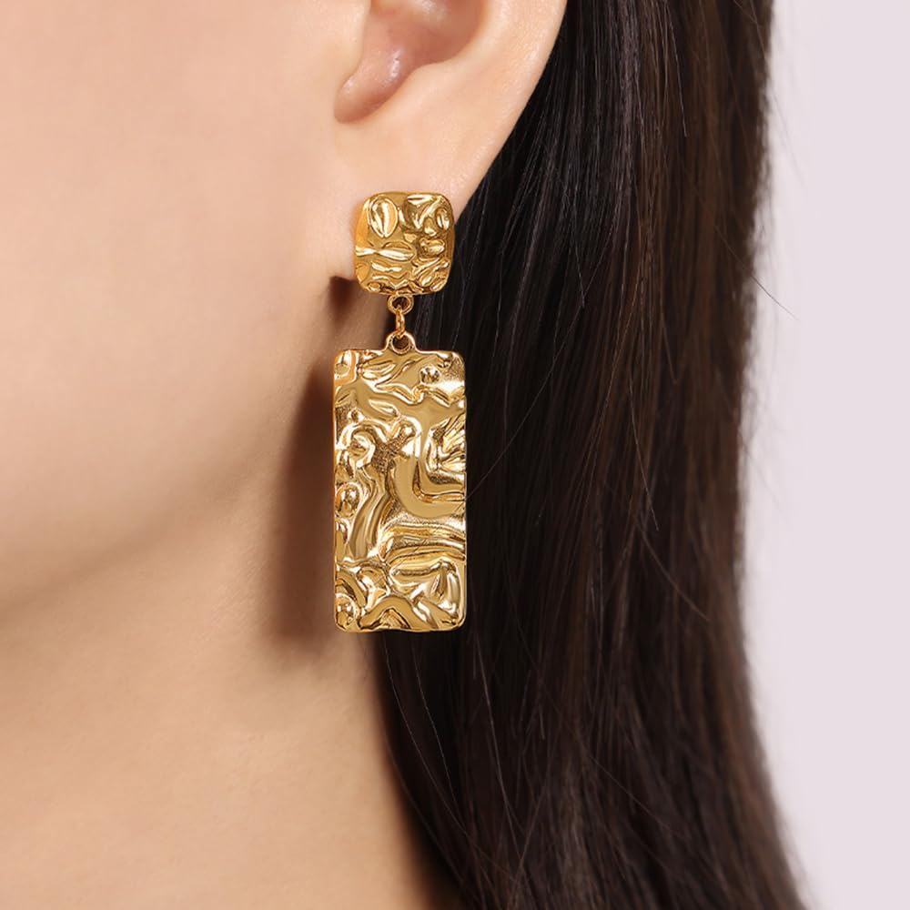 Textured Rectangle Geometric Square Statement Stud Earrings for Women Hammered Long Dangle Earrings Hypoallergenic Trendy Drop Hanging Stainless Steel 18k Gold-Tone Plated Minimalist Lightweight Gift - Image 3