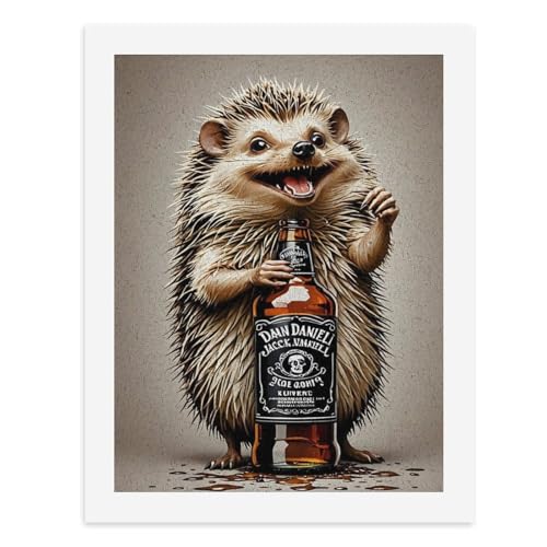 Peinture par numéros pour adultes – Un hérisson tenant une bouteille de Jack Daniel's avec du liquide renversé autour de lui – pour décoration murale...