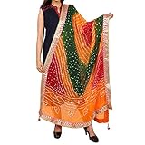 Women Jaipuri Bandhani Dupatta with Gota Work and latkan Rajasthani Silk Bandhej Multicolor Scarf
