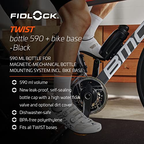 FIDLOCK Twist Bottle 590 i podstawa rowerowa, szczelna, samouszczelniająca się zakrętka na butelkę, uchwyt na bidon rowerowy, bez śrub i dołączonych butelek, stojak magnetyczny bez klatki, czarny