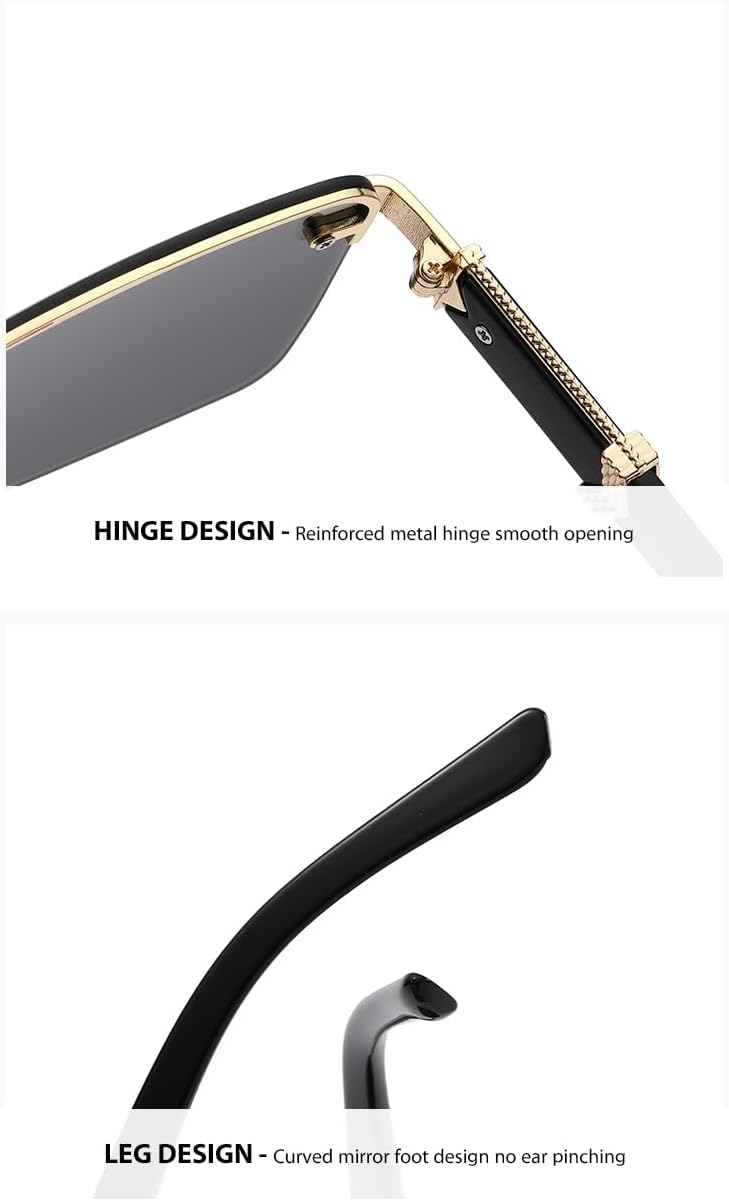 Siming Rimless Square Sunglasses - Black and Gold Designer Fashion Shades, UV400 Protection, Durable Metal Frame