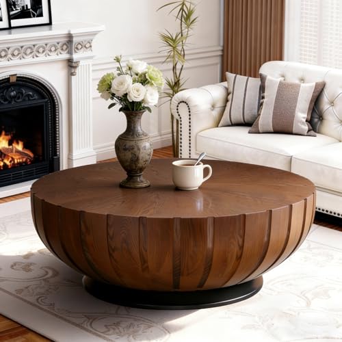 Table basse cannelée en bois massif marron et base solide - 2