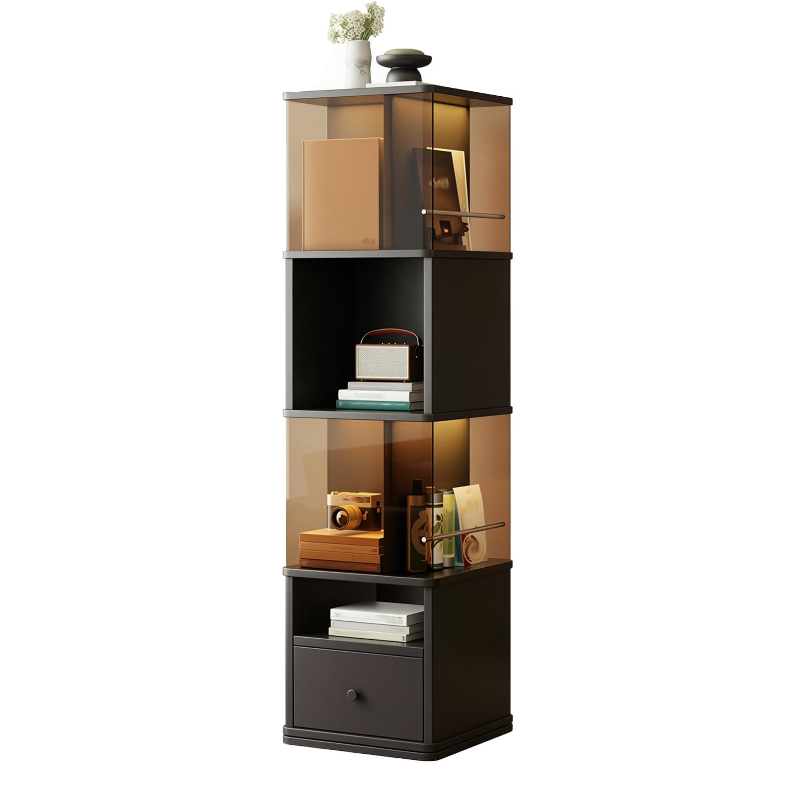 Mueble de libros giratorio para salón con puertas de cristal y cajonera en color nogal oscuro