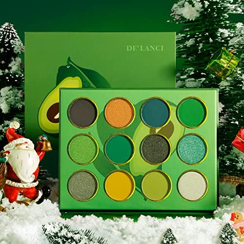 DE'LANCI Green Eyeshadow Palette, Highly Pigmented Matte Glitter Eyeshadow,12 Color Avocado Green Metallic Shimmer Eye Shade Pallet, Colorful Long Wear Green Emerald Yellow Eye Shadow Pallet for Women
