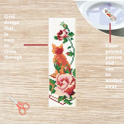 Image of FREEBLOSS 6 Set Cat Cross Stitch Bookmark Kits Rose Pattern Stamped Cross Stitch Kit DIY Embroidery Kit Bookmark Craft Kit with Instructions for Beginners 6x20cm