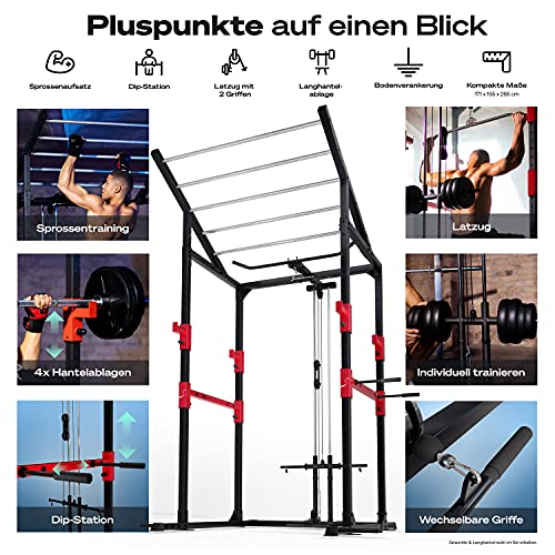 Power Rack Sportstech FPR350 mit Klimmzugstange und Latzugsystem