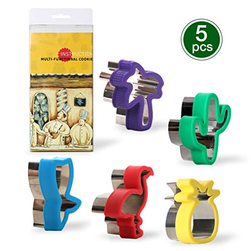 Juego de cortadores de galletas tropicales, 5 cortadores de galletas, para niños, de acero inoxidable, diseño de cactus, piña, flamenco, palmera, sirena