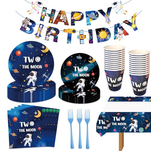 98pcs Two the Moon Party Decor 2 the Moon Tableware Set Outer Space Paper Plates Napkins Forks Tablecovers Dinnerware for