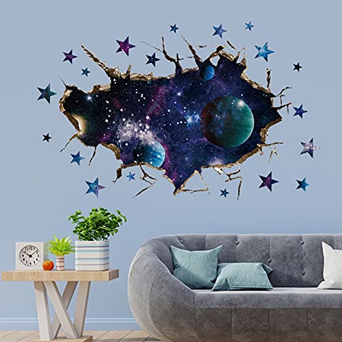 Asmpio 3D Space Galaxy Wall Decor Stickers, Removable Broken Outer Space Planet Waterproof Vinyl Floor Decals, 3D Art Magic Wall Mural Decals For Kids Bedroom Living Room Nursery Home Wall Decor #TOP3